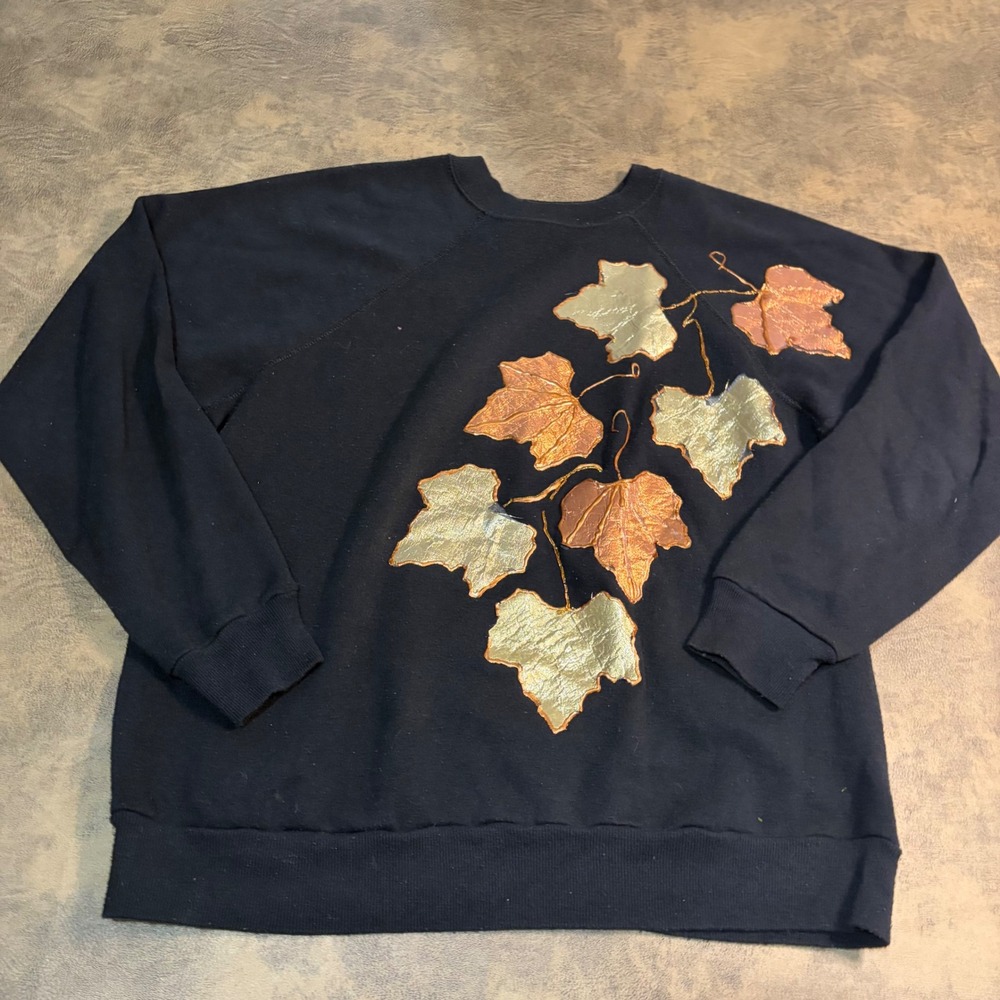 Tultex Sweatshirt Womens L Black Metallic Puff Paint Leaf VTG USA Fall Autumn
